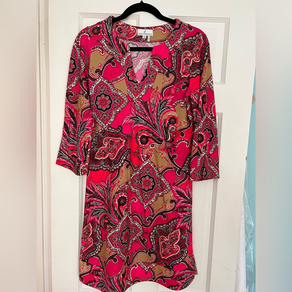 Jude Connally Megan Hot Pink Paisley Tunic Dress, Size Small